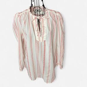LOFT Red White Striped Peasant Blouse Large L 100% Cotton Tie Neck Ruffle Boho